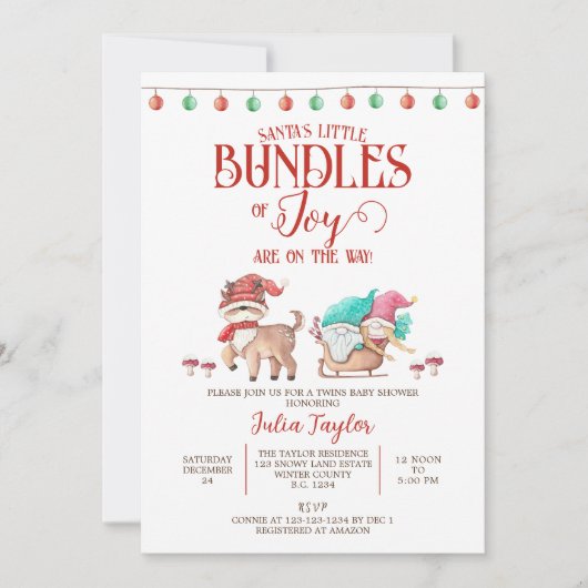 サンタの小さな歓喜の束、ツインズベビーシャワー 招待状 (正面)