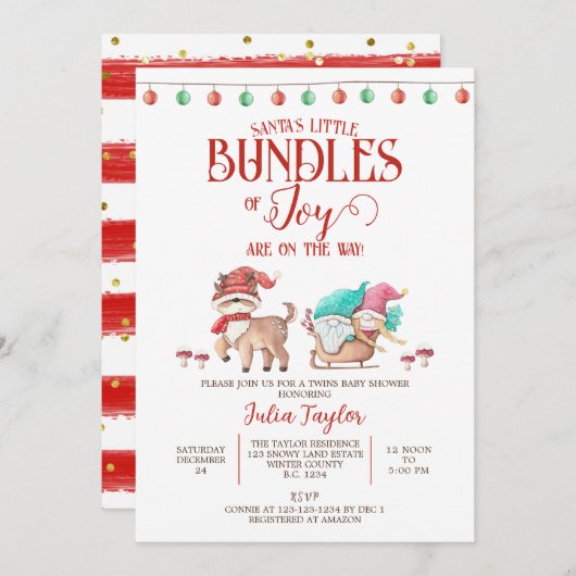 サンタの小さな歓喜の束、ツインズベビーシャワー 招待状 (正面/裏面)