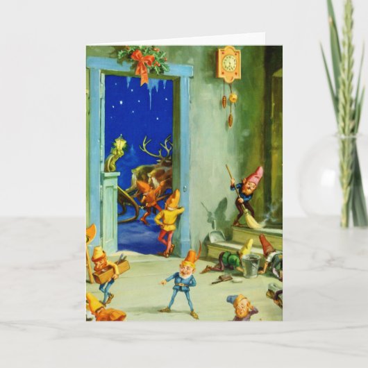 サンタの小妖精や小人が彼の北極ワークショップで シーズンカード (正面)