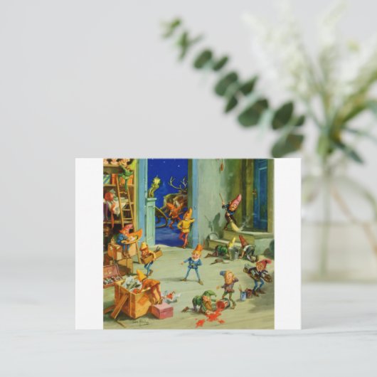 サンタの小妖精や小人たちが北極ワークショップで働く シーズンポストカード (スタンド正面)