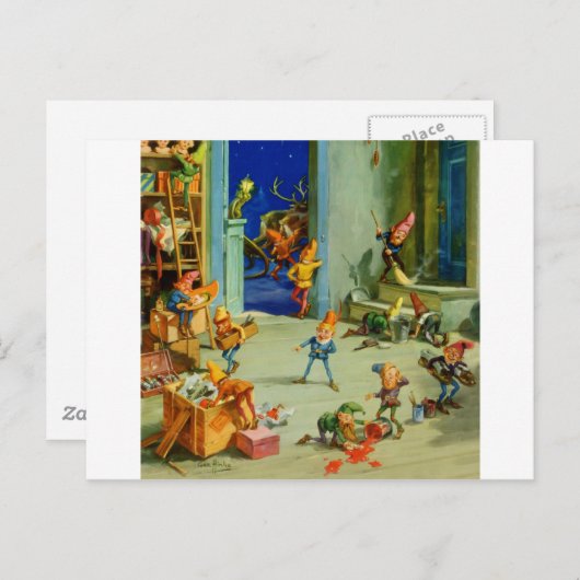 サンタの小妖精や小人たちが北極ワークショップで働く シーズンポストカード (正面/裏面)