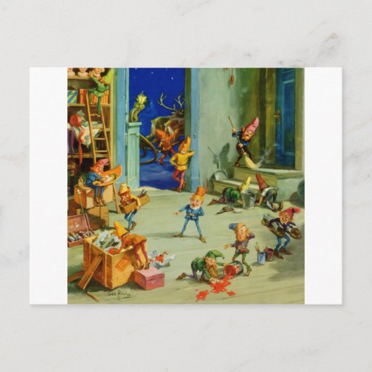 サンタの小妖精や小人たちが北極ワークショップで働く シーズンポストカード (正面)