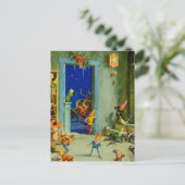 サンタの小妖精や小人たちが北極ワークショップで働く シーズンポストカード (スタンド正面)