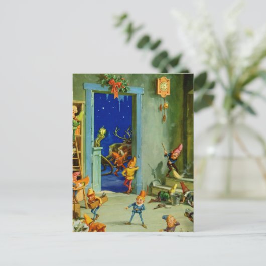 サンタの小妖精や小人たちが北極ワークショップで働く シーズンポストカード (スタンド正面)