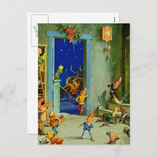 サンタの小妖精や小人たちが北極ワークショップで働く シーズンポストカード (正面/裏面)