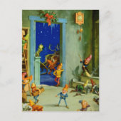 サンタの小妖精や小人たちが北極ワークショップで働く シーズンポストカード (正面)