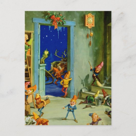 サンタの小妖精や小人たちが北極ワークショップで働く シーズンポストカード (正面)