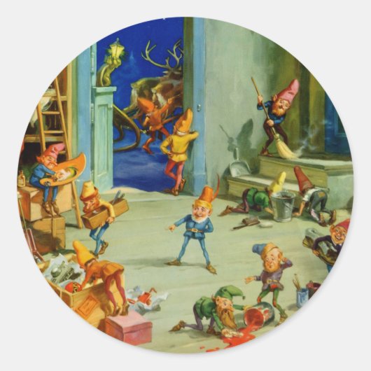 サンタの小妖精や小人たちが北極ワークショップで働く ラウンドシール (正面)