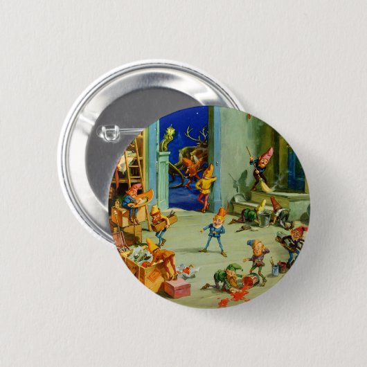 サンタの小妖精や小人たちが北極ワークショップで働く 缶バッジ (正面&裏面)