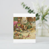 サンタの小妖精や小人は彼のそりおよびトナカイを用意します シーズンポストカード (スタンド正面)