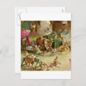 サンタの小妖精や小人は彼のそりおよびトナカイを用意します シーズンポストカード (正面/裏面)