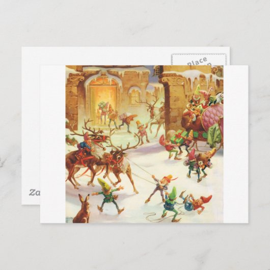 サンタの小妖精や小人は彼のそりに贈り物を積み込む シーズンポストカード (正面/裏面)
