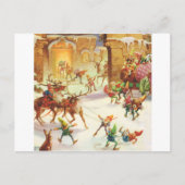 サンタの小妖精や小人は彼のそりに贈り物を積み込む シーズンポストカード (正面)