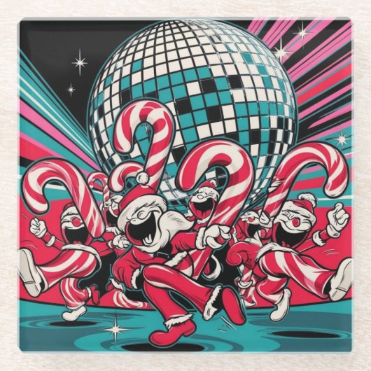 サンタの小妖精や小人キャンディカネスがディスコボールの下でAを踊る ガラスコースター (正面)