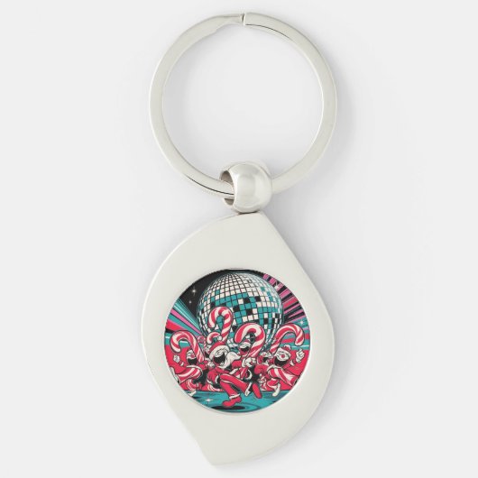 サンタの小妖精や小人キャンディカネスがディスコボールの下でAを踊る キーホルダー (正面)