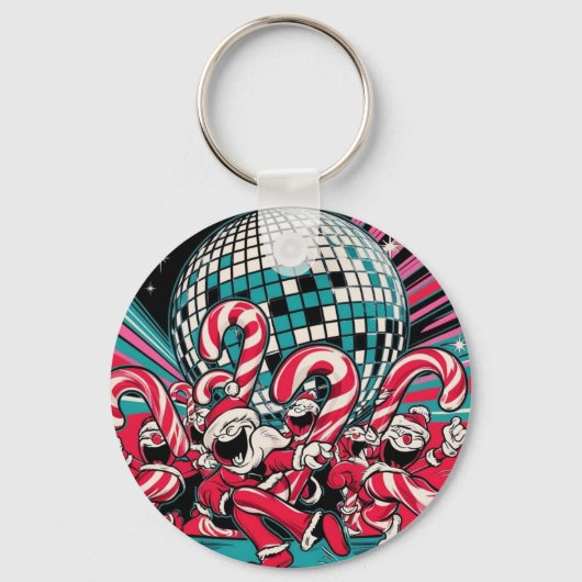 サンタの小妖精や小人キャンディカネスがディスコボールの下でAを踊る キーホルダー (正面)