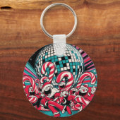 サンタの小妖精や小人キャンディカネスがディスコボールの下でAを踊る キーホルダー (正面)