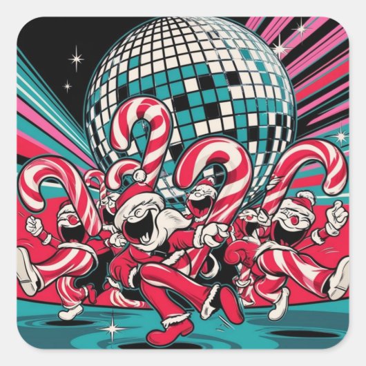 サンタの小妖精や小人キャンディカネスがディスコボールの下でAを踊る スクエアシール (正面)