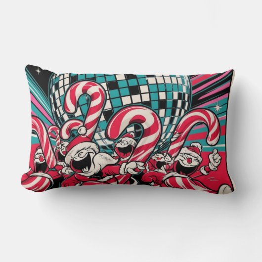 サンタの小妖精や小人キャンディカネスがディスコボールの下でAを踊る ランバークッション (正面)