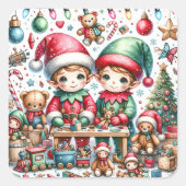 サンタの小妖精や小人ワークショップのクリスマスで愛らしい スクエアシール (正面)