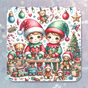 サンタの小妖精や小人ワークショップのクリスマスで愛らしい スクエアシール