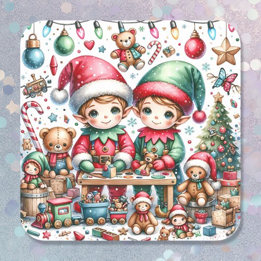 サンタの小妖精や小人ワークショップのクリスマスで愛らしい スクエアシール