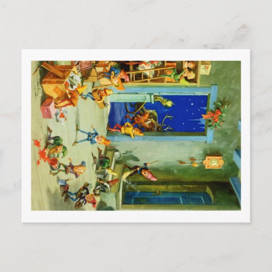 サンタの小妖精や小人忙しが彼の北極ワークショップで シーズンポストカード (正面)