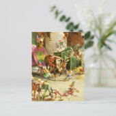 サンタの小妖精や小人&トナカイが北極の厩舎に シーズンポストカード (スタンド正面)