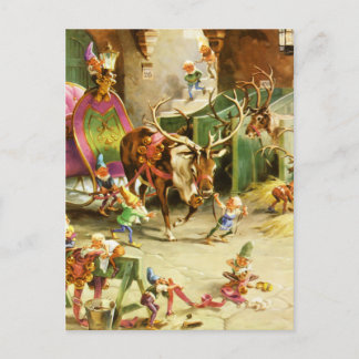 サンタの小妖精や小人&トナカイが北極の厩舎に シーズンポストカード