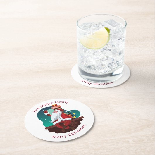 サンタの屋根の上の陽気なクリスマスのモノグラム ラウンドペーパーコースター (インサイチュ)