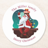 サンタの屋根の上の陽気なクリスマスのモノグラム ラウンドペーパーコースター (正面)