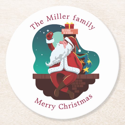 サンタの屋根の上の陽気なクリスマスのモノグラム ラウンドペーパーコースター (正面)