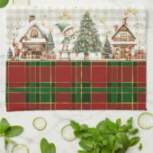サンタの工房のエルフ レッド グリーン クリスマス タータン キッチンタオル (折り畳み)