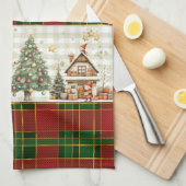 サンタの工房のエルフ レッド グリーン クリスマス タータン キッチンタオル (四つ折り)