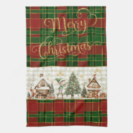 サンタの工房のエルフ レッド グリーン クリスマス タータン キッチンタオル