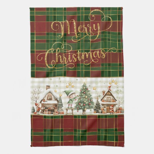 サンタの工房のエルフ レッド グリーン クリスマス タータン キッチンタオル (縦)