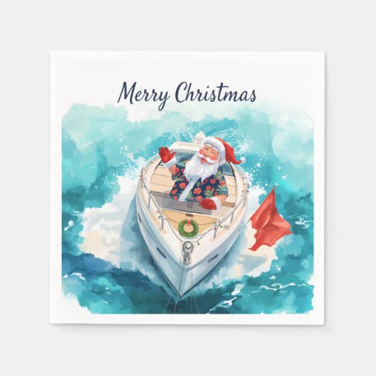 サンタの帆船 – 熱帯の海辺のクリスマス スタンダードカクテルナプキン (正面)
