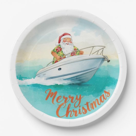 サンタの帆船 – 熱帯の海辺のクリスマス ペーパープレート (正面)