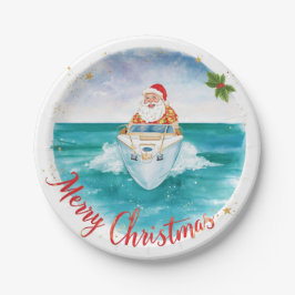 サンタの帆船 – 熱帯の海辺のクリスマス ペーパープレート