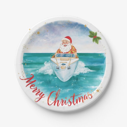 サンタの帆船 – 熱帯の海辺のクリスマス ペーパープレート (正面)