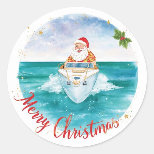 サンタの帆船 – 熱帯の海辺のクリスマス ラウンドシール (正面)