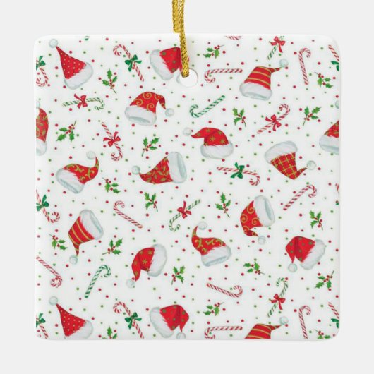 サンタの帽子およびキャンディ・ケーン セラミックオーナメント (正面)