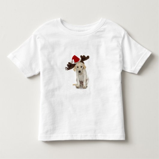 サンタの帽子およびトナカイの耳を搭載する子犬 トドラーTシャツ (正面)