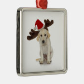 サンタの帽子およびトナカイの耳を搭載する子犬 メタルオーナメント (右)