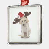 サンタの帽子およびトナカイの耳を搭載する子犬 メタルオーナメント (左)