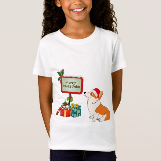 サンタの帽子および印を持つウェルシュコーギー Tシャツ (正面)