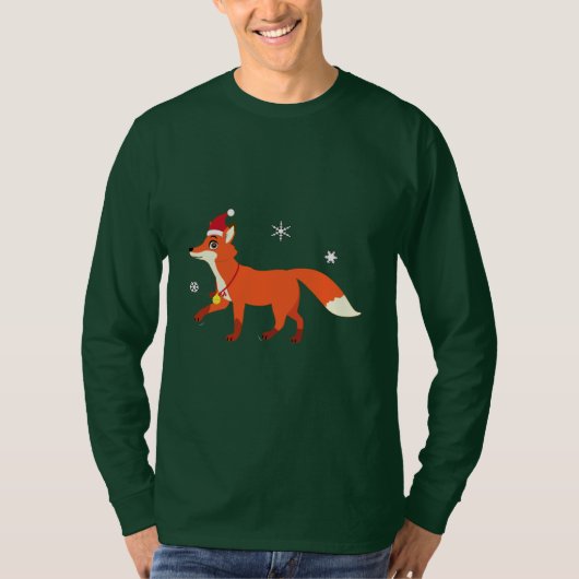 サンタの帽子および雪片を持つクリスマスのキツネ Tシャツ (正面)