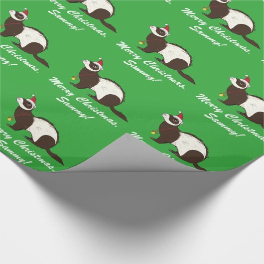 サンタの帽子とのフェレットのメリークリスマス ラッピングペーパー (角)