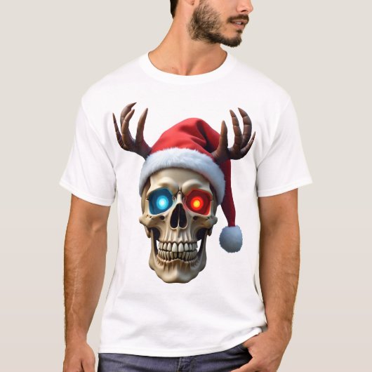 サンタの帽子とツリー角のクリスマス・スカル ミスティック Tシャツ (正面)