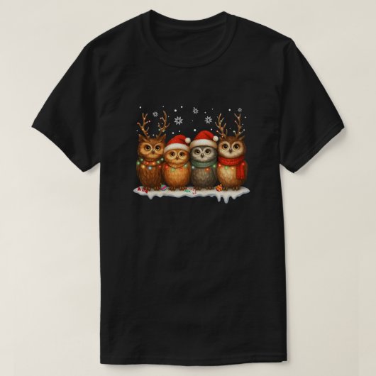 サンタの帽子とトナカイのクリスマスフクロウ Tシャツ (デザイン正面)